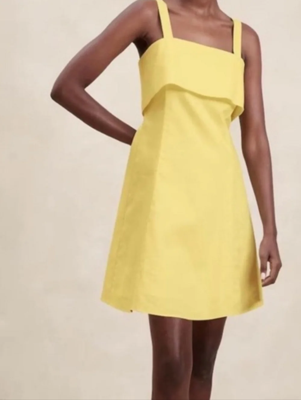 Banana Republic Linen Cotton Blend Square Neck Mini Dress Sz 14 Yellow